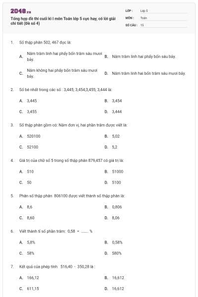 Tổng hợp đề thi cuối kì I môn Toán lớp 5 cực hay, có lời giải chi tiết (Đề số 4)
