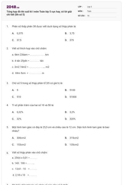 Tổng hợp đề thi cuối kì I môn Toán lớp 5 cực hay, có lời giải chi tiết (Đề số 5)