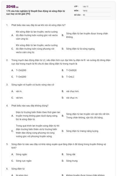 175 câu trắc nghiệm lý thuyết Dao động và sóng điện từ cực hay có lời giải (P4)