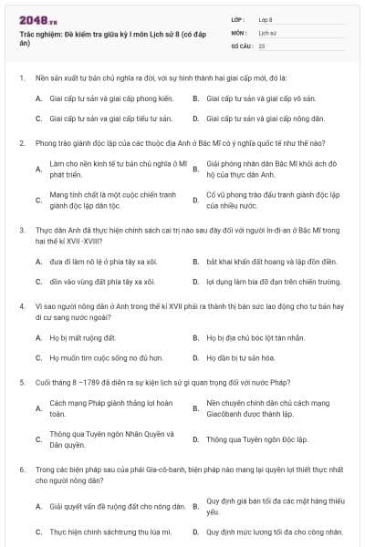 Trắc nghiệm: Đề kiểm tra giữa kỳ I môn Lịch sử 8 (có đáp án)