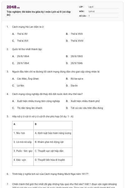 Trắc nghiệm: Đề kiểm tra giữa kỳ I môn Lịch sử 8 (có đáp án)
