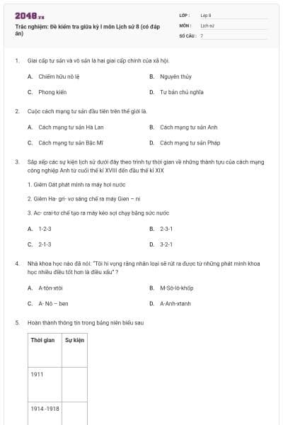 Trắc nghiệm: Đề kiểm tra giữa kỳ I môn Lịch sử 8 (có đáp án)