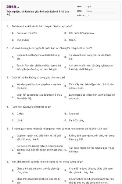 Trắc nghiệm: Đề kiểm tra giữa kỳ I môn Lịch sử 8 (có đáp án)