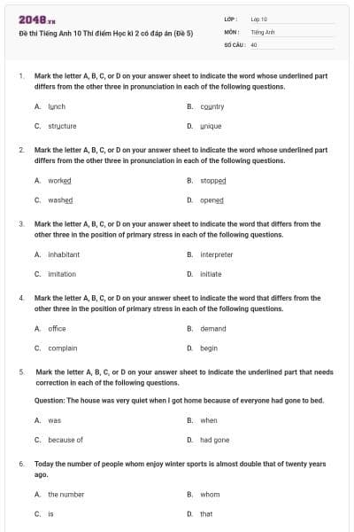 Đề thi Tiếng Anh 10 Thí điểm Học kì 2 có đáp án (Đề 5)