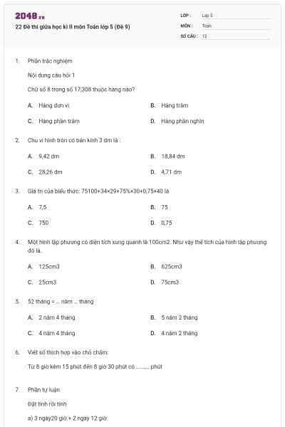 22 Đề thi giữa học kì II môn Toán lớp 5 (Đề 9)