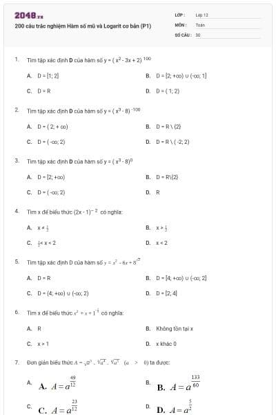 200 câu trắc nghiệm Hàm số mũ và Logarit cơ bản (P1)