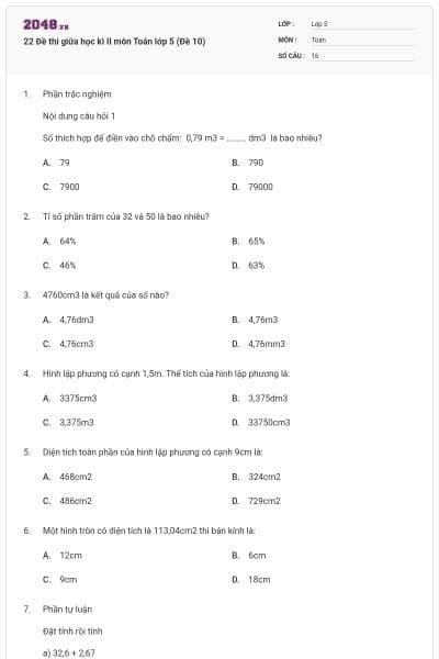 22 Đề thi giữa học kì II môn Toán lớp 5 (Đề 10)