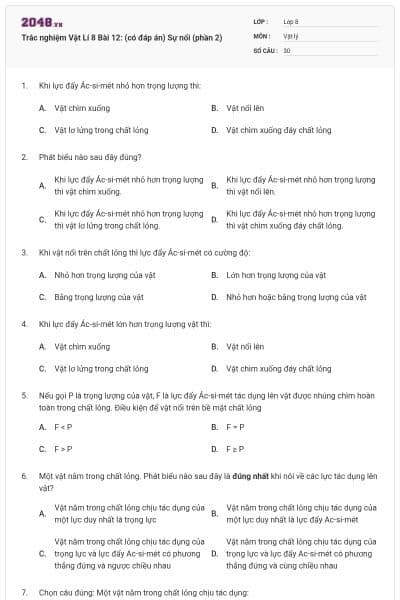 Trắc nghiệm Vật Lí 8 Bài 12: (có đáp án) Sự nổi (phần 2)
