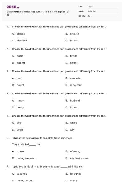 Đề kiểm tra 15 phút Tiếng Anh 11 Học kì 1 có đáp án (Đề 1)