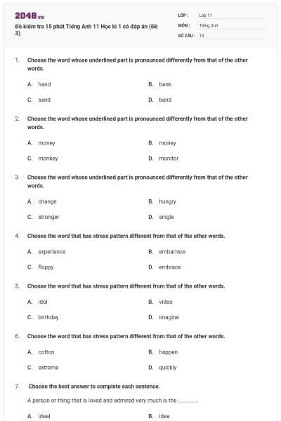 Đề kiểm tra 15 phút Tiếng Anh 11 Học kì 1 có đáp án (Đề 3)