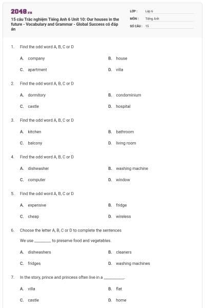 15 câu Trắc nghiệm Tiếng Anh 6 Unit 10: Our houses in the future - Vocabulary and Grammar - Global Success có đáp án