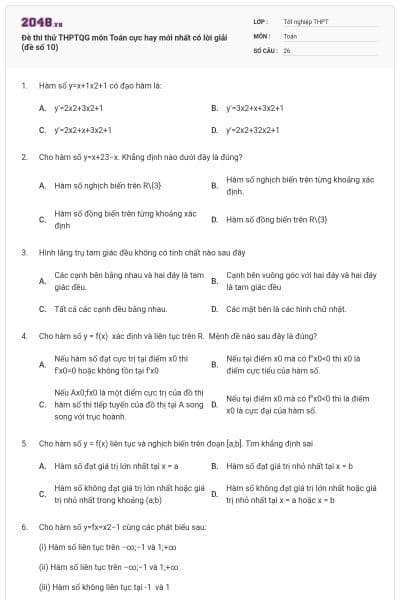 Đè thi thử THPTQG môn Toán cực hay mới nhất có lời giải (đề số 10)