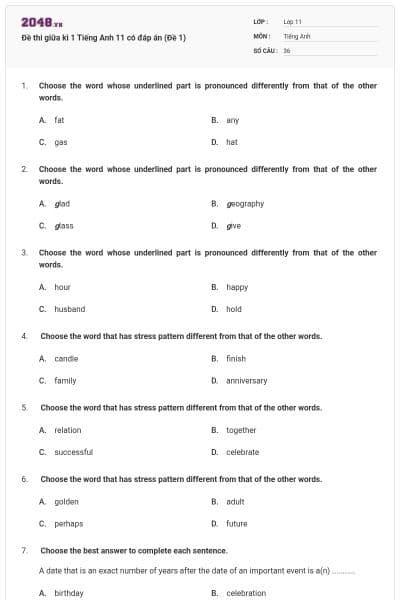 Đề thi giữa kì 1 Tiếng Anh 11 có đáp án (Đề 1)