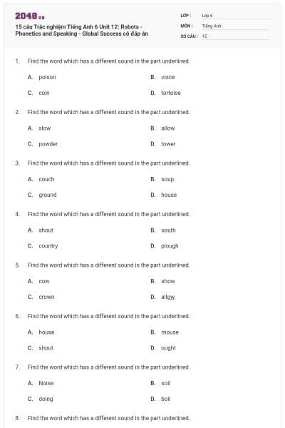 15 câu Trắc nghiệm Tiếng Anh 6 Unit 12: Robots - Phonetics and Speaking - Global Success có đáp án