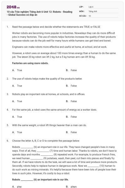 10 câu Trắc nghiệm Tiếng Anh 6 Unit 12: Robots - Reading - Global Success có đáp án