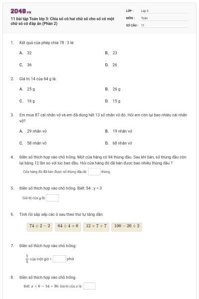 11 bài tập Toán lớp 3: Chia số có hai chữ số cho số có một chữ số có đáp án (Phần 2)
