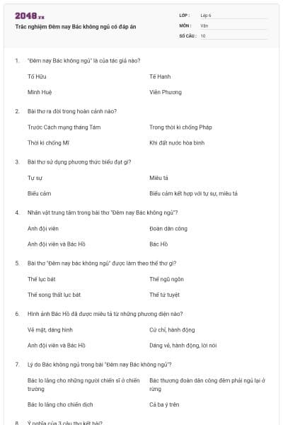 Trắc nghiệm Đêm nay Bác không ngủ có đáp án