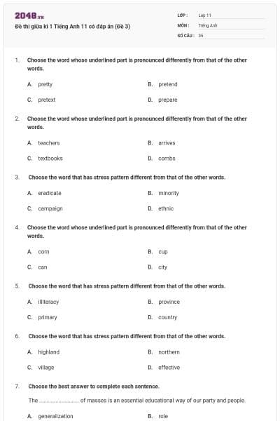 Đề thi giữa kì 1 Tiếng Anh 11 có đáp án (Đề 3)