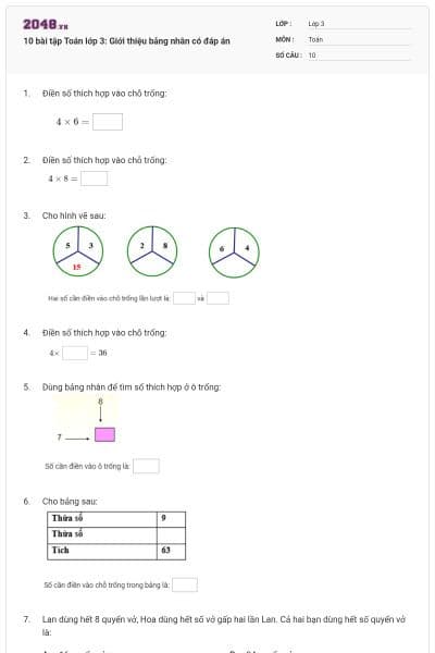 10 bài tập Toán lớp 3: Giới thiệu bảng nhân có đáp án