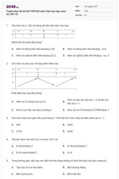 Tuyển chọn đề thi thử THPTQG môn Toán cực hay, chọn lọc (đề 12)