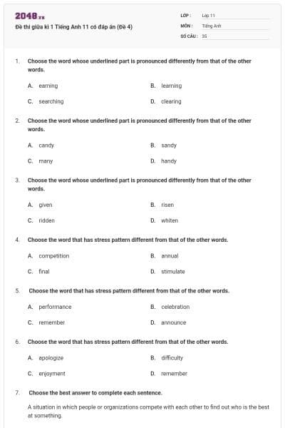 Đề thi giữa kì 1 Tiếng Anh 11 có đáp án (Đề 4)