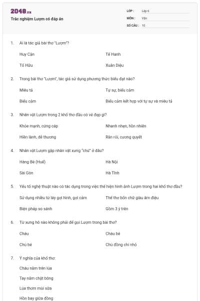 Trắc nghiệm Lượm có đáp án
