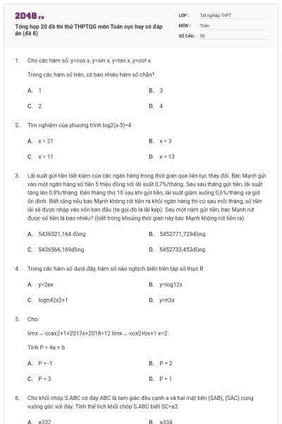 Tổng hợp 20 đề thi thử THPTQG môn Toán cực hay có đáp án (đề 8)