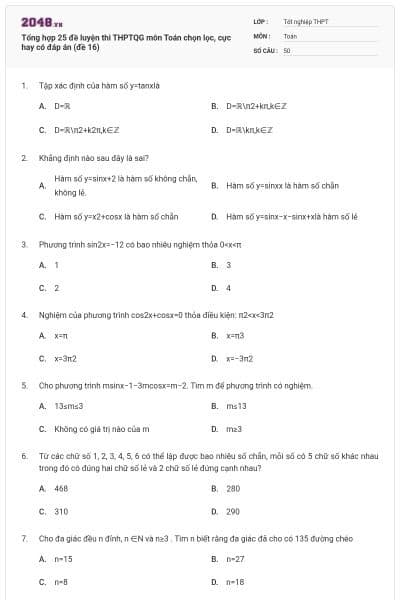 Tổng hợp 25 đề luyện thi THPTQG môn Toán chọn lọc, cực hay có đáp án (đề 16)