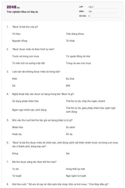 Trắc nghiệm Mưa có đáp án