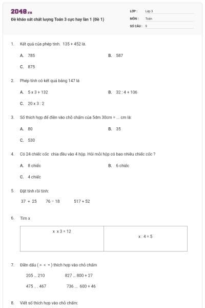Đề kháo sát chất lượng Toán 3 cực hay lần 1 (Đề 1)