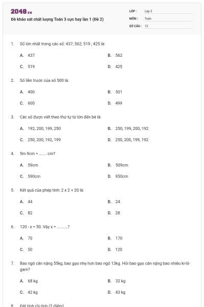 Đề kháo sát chất lượng Toán 3 cực hay lần 1 (Đề 2)