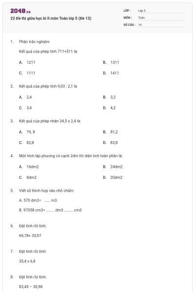 22 Đề thi giữa học kì II môn Toán lớp 5 (Đề 13)