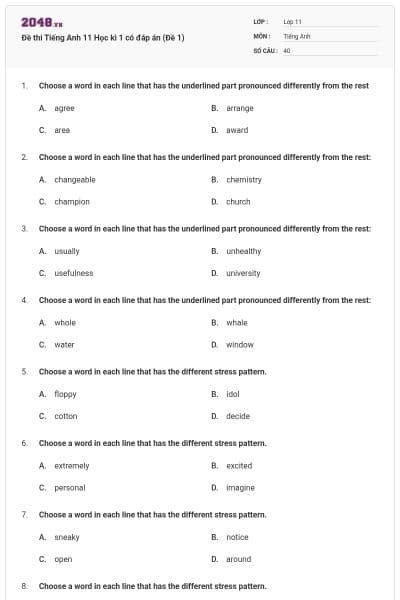 Đề thi Tiếng Anh 11 Học kì 1 có đáp án (Đề 1)