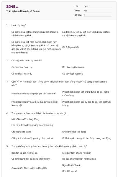 Trắc nghiệm Hoán dụ có đáp án