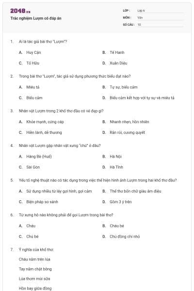 Trắc nghiệm Lượm có đáp án