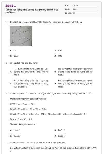 12 câu Trắc nghiệm Hai đường thẳng vuông góc với nhau có đáp án