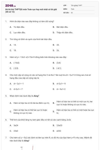 Đè thi thử THPTQG môn Toán cực hay mới nhất có lời giải (đề số 12)