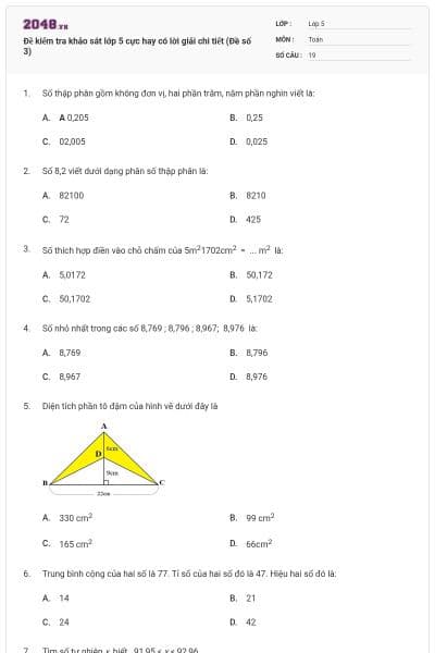 Đề kiểm tra khảo sát lớp 5 cực hay có lời giải chi tiết (Đề số 3)
