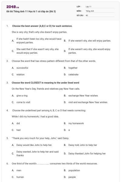 Đề thi Tiếng Anh 11 Học kì 1 có đáp án (Đề 3)