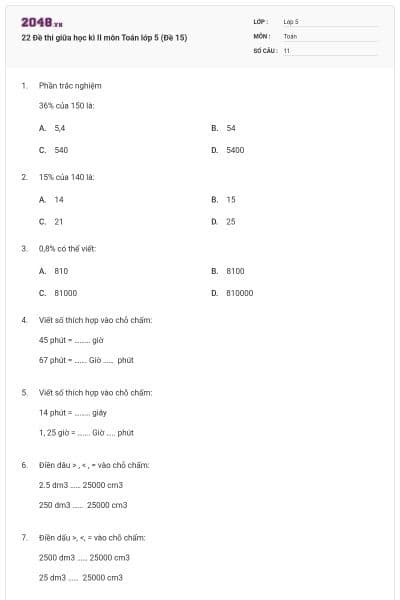 22 Đề thi giữa học kì II môn Toán lớp 5 (Đề 15)