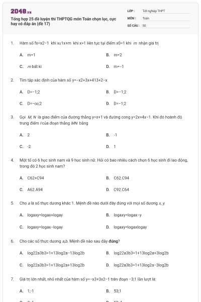 Tổng hợp 25 đề luyện thi THPTQG môn Toán chọn lọc, cực hay có đáp án (đề 17)