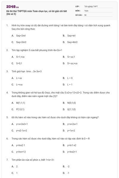 Đề thi thử THPTQG môn Toán chọn lọc, có lời giải chi tiết (Đề số 5)