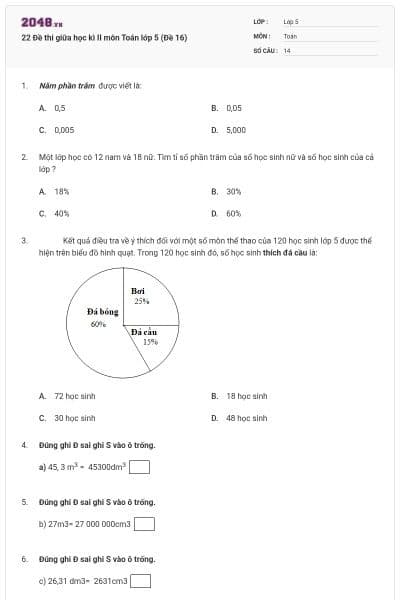 22 Đề thi giữa học kì II môn Toán lớp 5 (Đề 16)