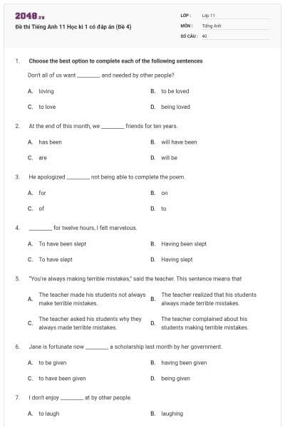 Đề thi Tiếng Anh 11 Học kì 1 có đáp án (Đề 4)
