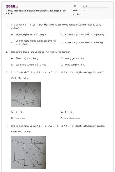 13 câu Trắc nghiệm Đề kiểm tra Chương 3 Hình học 11 có đáp án