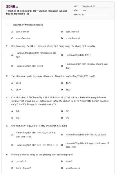 Tổng hợp 25 đề luyện thi THPTQG môn Toán chọn lọc, cực hay có đáp án (đề 18)
