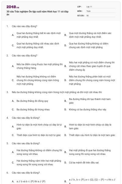 30 câu Trắc nghiệm Ôn tập cuối năm Hình học 11 có đáp án