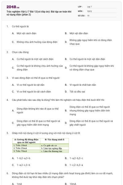 Trắc nghiệm Vật Lí 7 Bài 12(có đáp án): Bài tập an toàn khi sử dụng điện (phần 2)