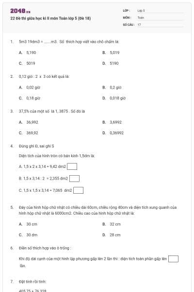 22 Đề thi giữa học kì II môn Toán lớp 5 (Đề 18)
