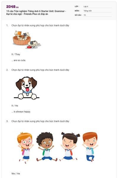 15 câu Trắc nghiệm Tiếng Anh 6 Starter Unit: Grammar - Đại từ chủ ngữ - Friends Plus có đáp án